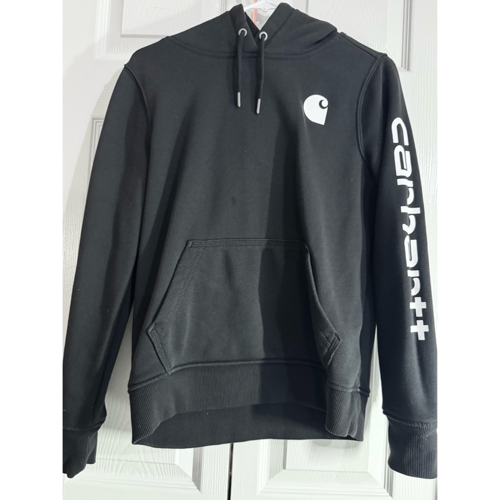 Carhartt Womens Relaxed Fit Midweight Logo Sleeve Graphic Hoodie Black - XS